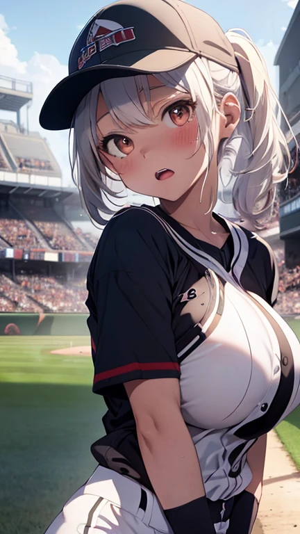 mastute piece,Best Quality,insanely detailed,8k cg,nsfw,
shoot upper body,(body in front:1.1),
1girl,standing,looking at viewer,Proudly、(upright:1.3),(Baseball uniform、Baseball Cap),bare breasts,
break,blush,shy,(trembling:1.2),break,(white hair),(large breasts:1.3),Short:1.2、(open mouth:0.9),(baseball Ground),