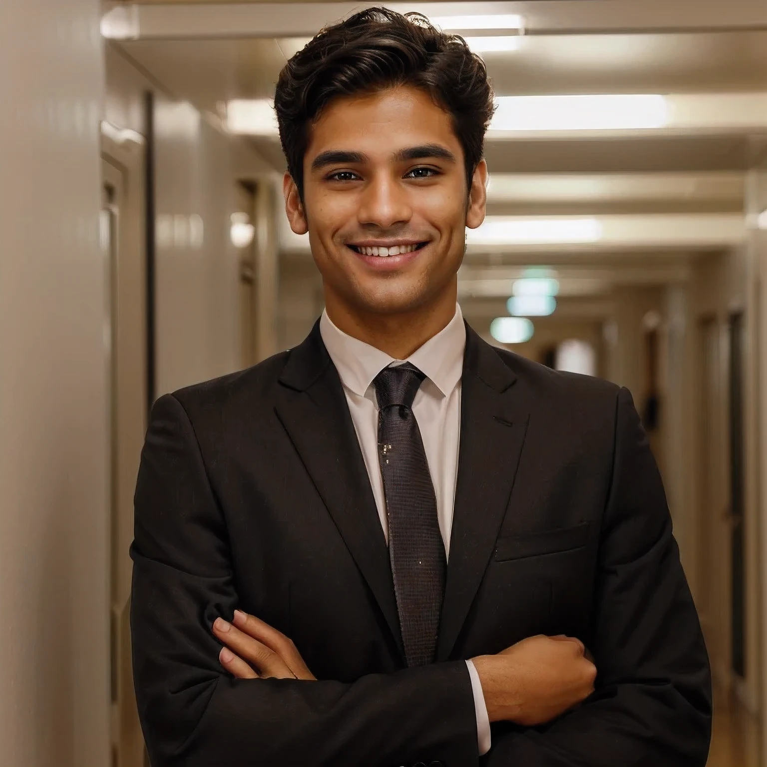 a close up of a man in a suit and tie standing in a hallway, portrait of a handsome, subtle confident smile, a confident smile, well lit professional photo, smiling male, good looking face, closeup portrait shot, with a happy expression, professional closeup photo, handsome man, handsome and attractive, smiling with confidence, with an elegant smile, indian, professional profile photo