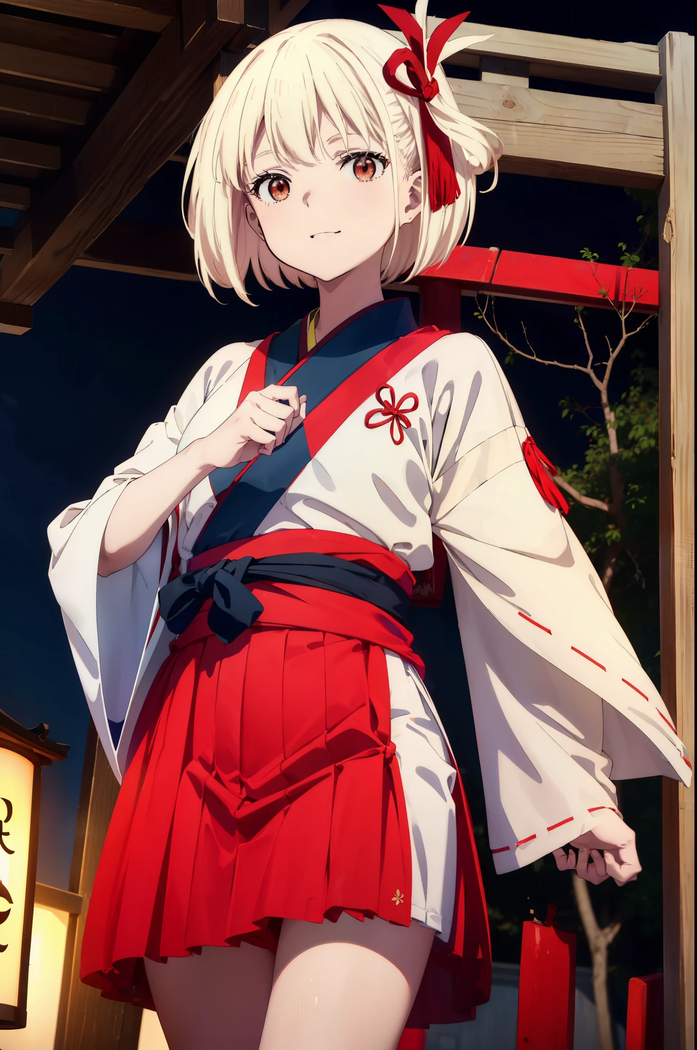 chisatonishikigi, Chisato Nishikigi, short hair, bangs, Blonde Hair, (Red eyes:1.5),happy smile, smile, Open your mouth, hair ribbon, One side up, Bobcut,Platycodon grandiflorum,Miko, White Kimono, kimono, Long red hakama,White tabi,Sandals,As with the skirt, Wide sleeves, Long sleeve, Ribbon-trimmed sleeves, Are standing, Daytime,Clear skies,Looking up from below,whole bodyがイラストに入るように,
break outdoors, shrine,torii,
break looking at viewer, whole body,
break (masterpiece:1.2), highest quality, High resolution, unity 8k wallpaper, (figure:0.8), (Beautiful fine details:1.6), Highly detailed face, Perfect lighting, Highly detailed CG, (Perfect hands, Perfect Anatomy),