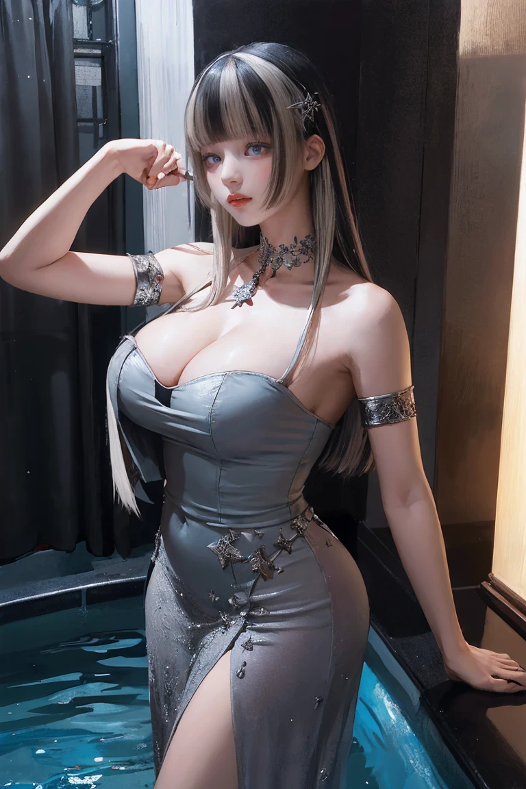 Silver-haired, Standing in water, Parted bangs, Modern, Surreal, Cinema Lighting, Chiaroscuro, masterpiece, Textured skin, High resolution, high quality, High detail, Beautiful Face, big, pronounced cleavage, Translucent clothing, Starry Sky, Grey Eyes, Big Breasts, Expose your shoulders, Large 胸, Sexy pose、