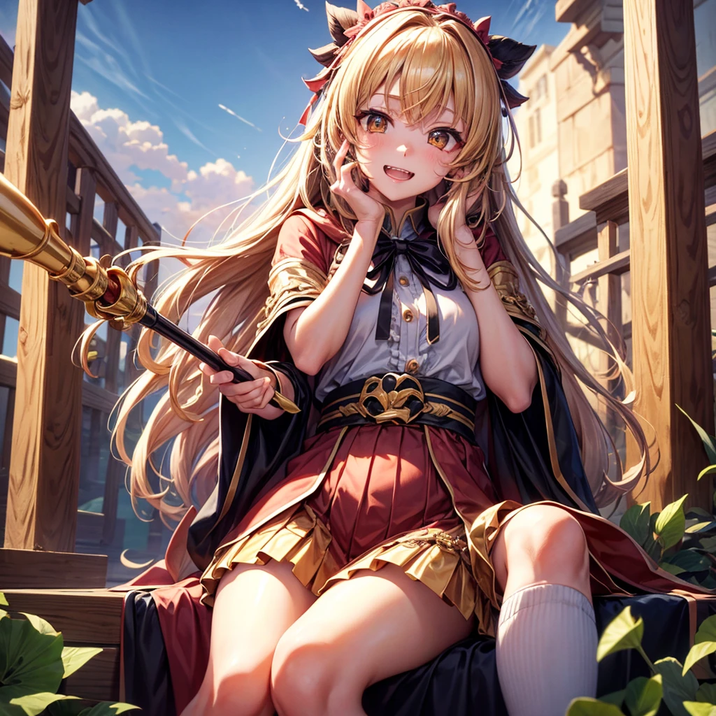 Pink gold golden hair、Golden Eyes、Braid、One good looking girl、solo、anime、Checkered mini skirt、Ruffles on the skirt、Red T-shirt、Cape、Gothic、Black knee-high socks、bandana、Wearing a ribbon、Ribbon on waist、Tilting face、Teeth are visible、Sunset sky、Piercing the clouds、Contrail、tree、Touching your face、lotus leaves、Cumulonimbus、Pillar of Light、Magic wand、Sitting on a golden treasure chest、Throb