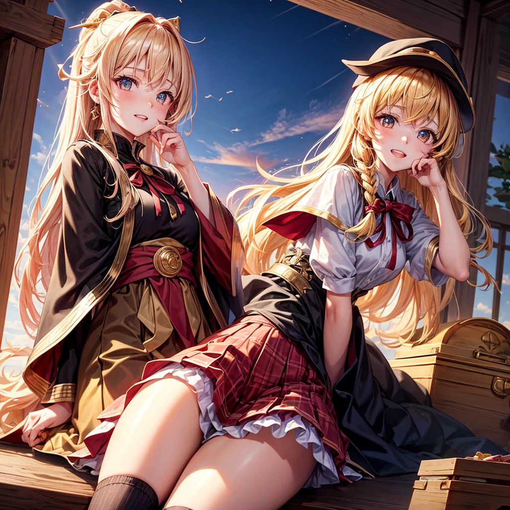 Pink gold golden hair、Golden Eyes、Braid、One good looking girl、solo、anime、Checkered mini skirt、Ruffles on the skirt、Red T-shirt、Cape、Gothic、Black knee-high socks、bandana、Wearing a ribbon、Ribbon on waist、Tilting face、Teeth are visible、Sunset sky、Piercing the clouds、Contrail、tree、Touching your face、lotus leaves、Cumulonimbus、Pillar of Light、Magic wand、Sitting on a golden treasure chest、Throb