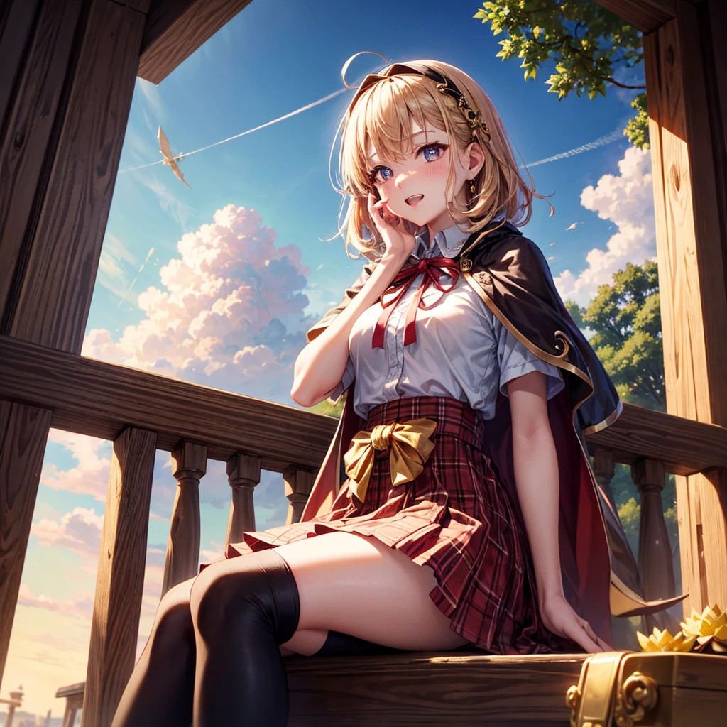 Pink gold golden hair、Golden Eyes、Braid、One good looking girl、solo、anime、Checkered mini skirt、Ruffles on the skirt、Red T-shirt、Cape、Gothic、Black knee-high socks、bandana、Wearing a ribbon、Ribbon on waist、Tilting face、Teeth are visible、Sunset sky、Piercing the clouds、Contrail、tree、Touching your face、lotus leaves、Cumulonimbus、Pillar of Light、Magic wand、Sitting on a golden treasure chest、Throb