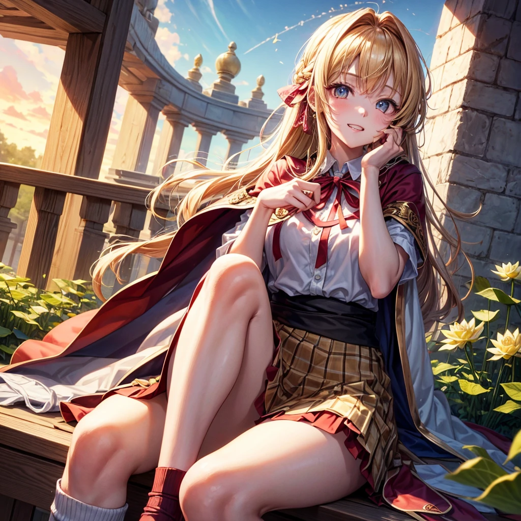 Pink gold golden hair、Golden Eyes、Braid、One good looking girl、solo、anime、Checkered mini skirt、Ruffles on the skirt、Red T-shirt、Cape、Gothic、Black knee-high socks、bandana、Wearing a ribbon、Ribbon on waist、Tilting face、Teeth are visible、Sunset sky、Piercing the clouds、Contrail、tree、Touching your face、lotus leaves、Cumulonimbus、Pillar of Light、Magic wand、Sitting on a golden treasure chest、Throb