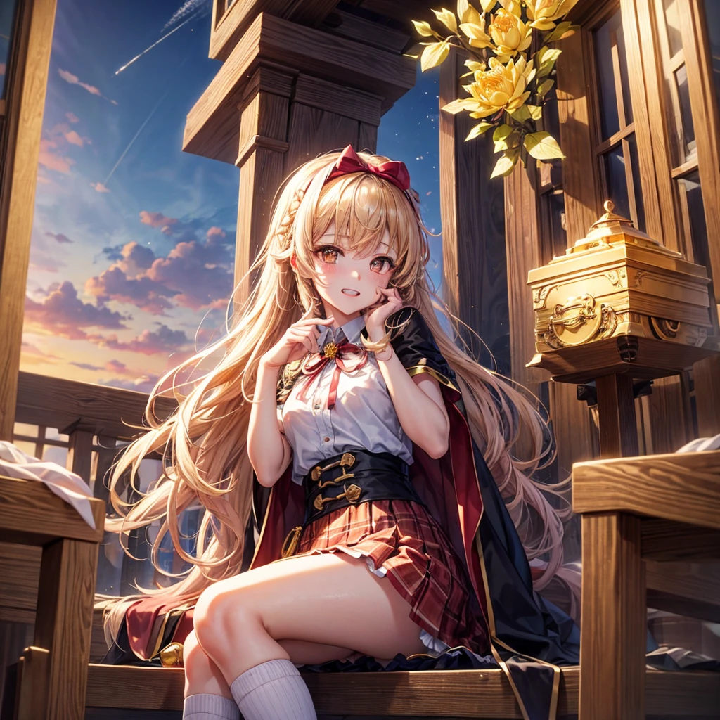 Pink gold golden hair、Golden Eyes、Braid、One good looking girl、solo、anime、Checkered mini skirt、Ruffles on the skirt、Red T-shirt、Cape、Gothic、Black knee-high socks、bandana、Wearing a ribbon、Ribbon on waist、Tilting face、Teeth are visible、Sunset sky、Piercing the clouds、Contrail、tree、Touching your face、lotus leaves、Cumulonimbus、Pillar of Light、Magic wand、Sitting on a golden treasure chest、Throb