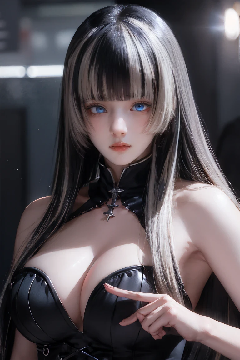 Silver-haired, Standing in water, Parted bangs, Modern, Surreal, Cinema Lighting, Chiaroscuro, masterpiece, Textured skin, High resolution, high quality, High detail, Beautiful Face, big, pronounced cleavage, Translucent clothing, Starry Sky, Grey Eyes, Big Breasts, Expose your shoulders, Large 胸, Sexy pose、