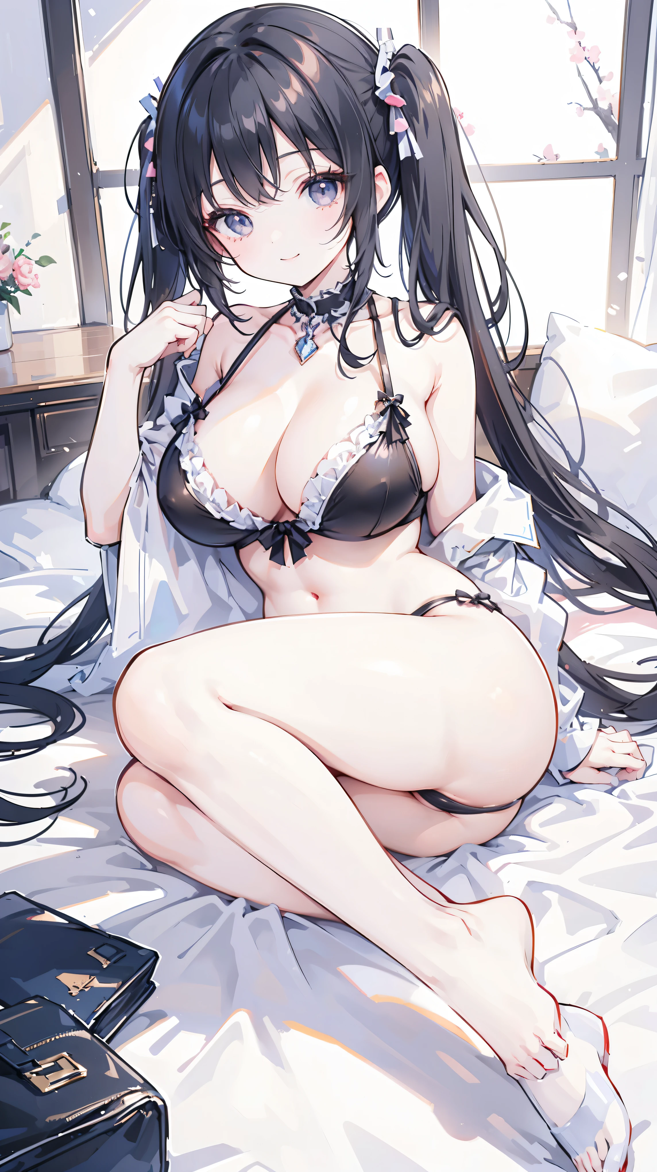 masterpiece,best quality,extremely detailed,(huge breasts:1.2),anime style,chibi,black hair,sexy girl,with light lingerie,shoulder length hair with two pigtails,bigger breasts,smiling,lying on a bed,