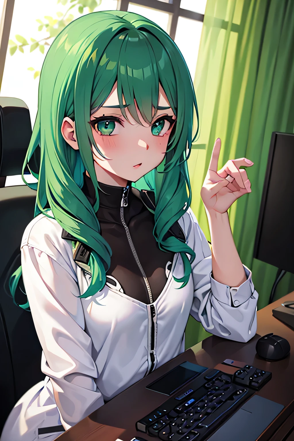 Beautiful girl 18 years old with green hair gamer, sorprendida de ver a un joven masculino por ayudar la. 