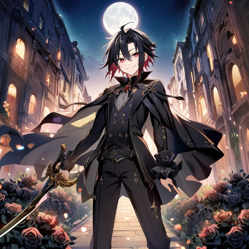 2boy, {(Hyakuya Mikaela) \(Swort Art Online\), 18 years old, (short black hair), (ruby red eyes):1.2, black costume, bangs, smiling gently, black cape, sword, ((ultra-detailed)), ((illustration)), ((neat hair)), (beautiful detailed eyes), (male), 1boy}, {(Hyakuya Yuuichiro) \(Swort Art Online\), 18 years old, (short black hair), (gold eyes):1.2, black noble costume, bangs, black cape, smiling mischievously, ((ultra-detailed)), ((illustration)), ((neat hair)), (beautiful detailed eyes), (male), 1boy}, standing near each other, ((black roses garden, night, moon)), looking at the viewer
