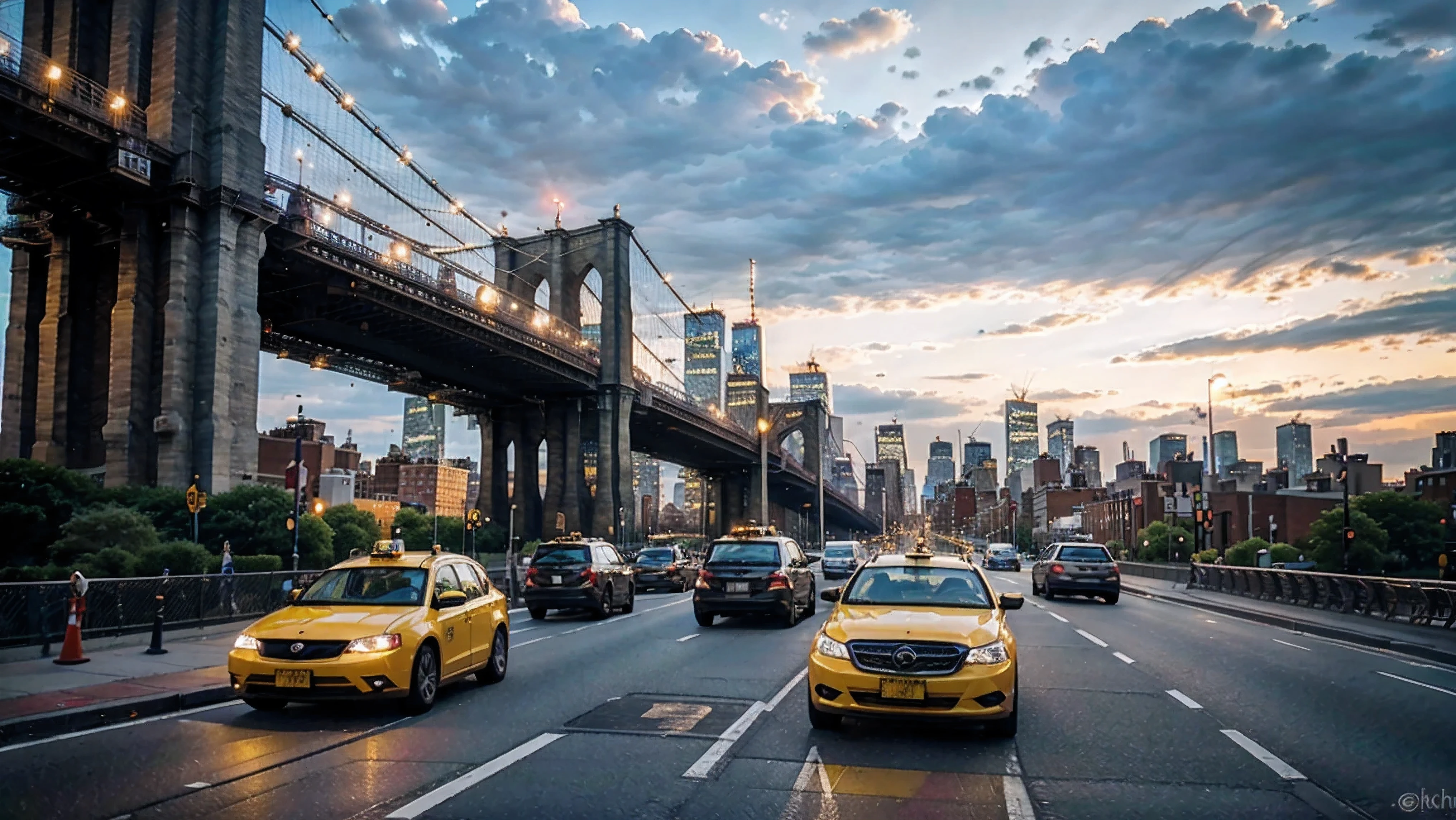 1 garota, Rua Brooklyn, cidade de Nova York, Ponte do Brooklyn, Rio Leste, Horizonte do centro de Manhattan, Yellow taxis, city buildings, skyscrapers, heavy traffic, estrada de asfalto, (melhor qualidade,8K,high resolution,Obra de arte:1.2),ultra-detalhado,(realista,photorealista,photo-realista:1.37),cinematic lighting,film composition,cores vibrantes,dramatic shadows,detalhes intrincados,Architectural elements,paisagem urbana,Cena urbana
