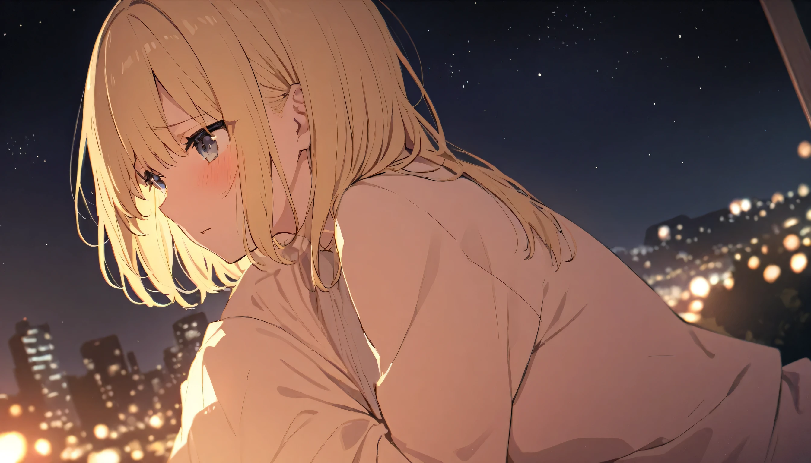 girl, 1 person, night,Emotional、Blonde gal, Barely