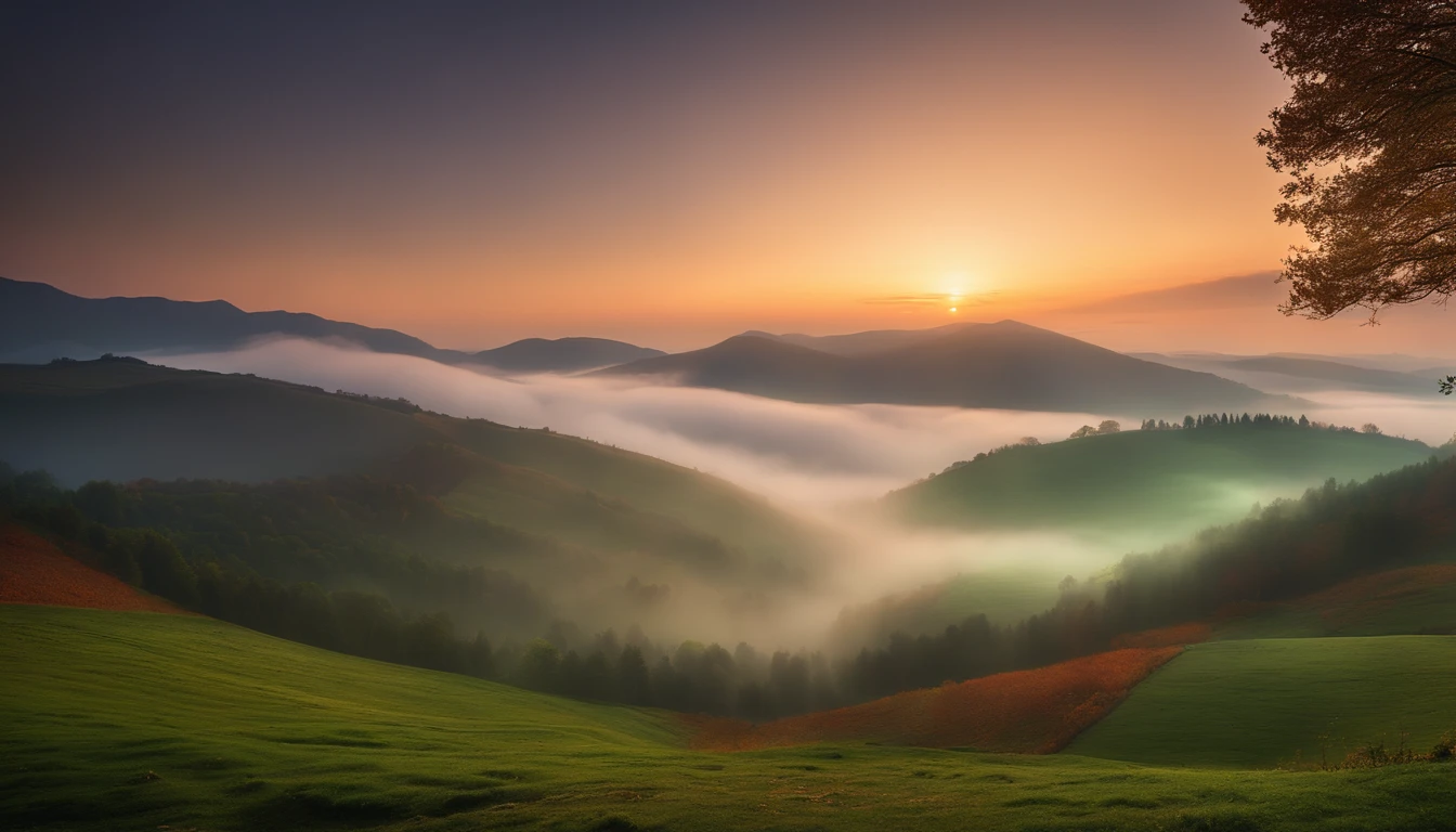 "In a majestic mountain landscape, bathed in the soft light of a 9 PM evening, the scene is filled with rolling hills covered in lush greenery. The central mountain peak rises above the surrounding mist and clouds, creating a mystical atmosphere. The sky above is a tapestry of twinkling stars, adding to the enchanting and serene mood of the setting. The foreground features vibrant autumn foliage, with trees in shades of green, red, and orange, adding warmth to the cool night scene. The overall ambiance is one of tranquility and natural beauty, with the starry sky enhancing the ethereal quality of the landscape."