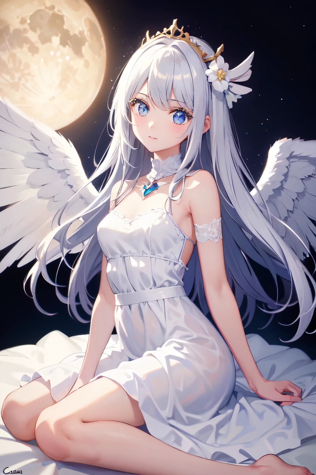 ((mejor calidad)), ((obra maestra)), (detallado), cara perfecta. 1 girl. White long hair, blue eyes. . Dress princess . Angel wings