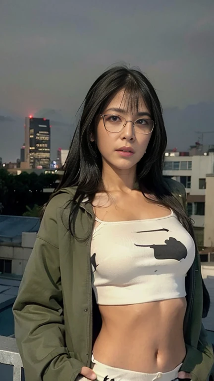 Masterpiece, best quality, ultra high res, realistic,  (photorealistic:1.4), 1girl, wearing camisole, crop top, hoodie, glasses, in the top of building, night, city scape background, city light, cinematic lighting, detailed face , looking at camera, front view