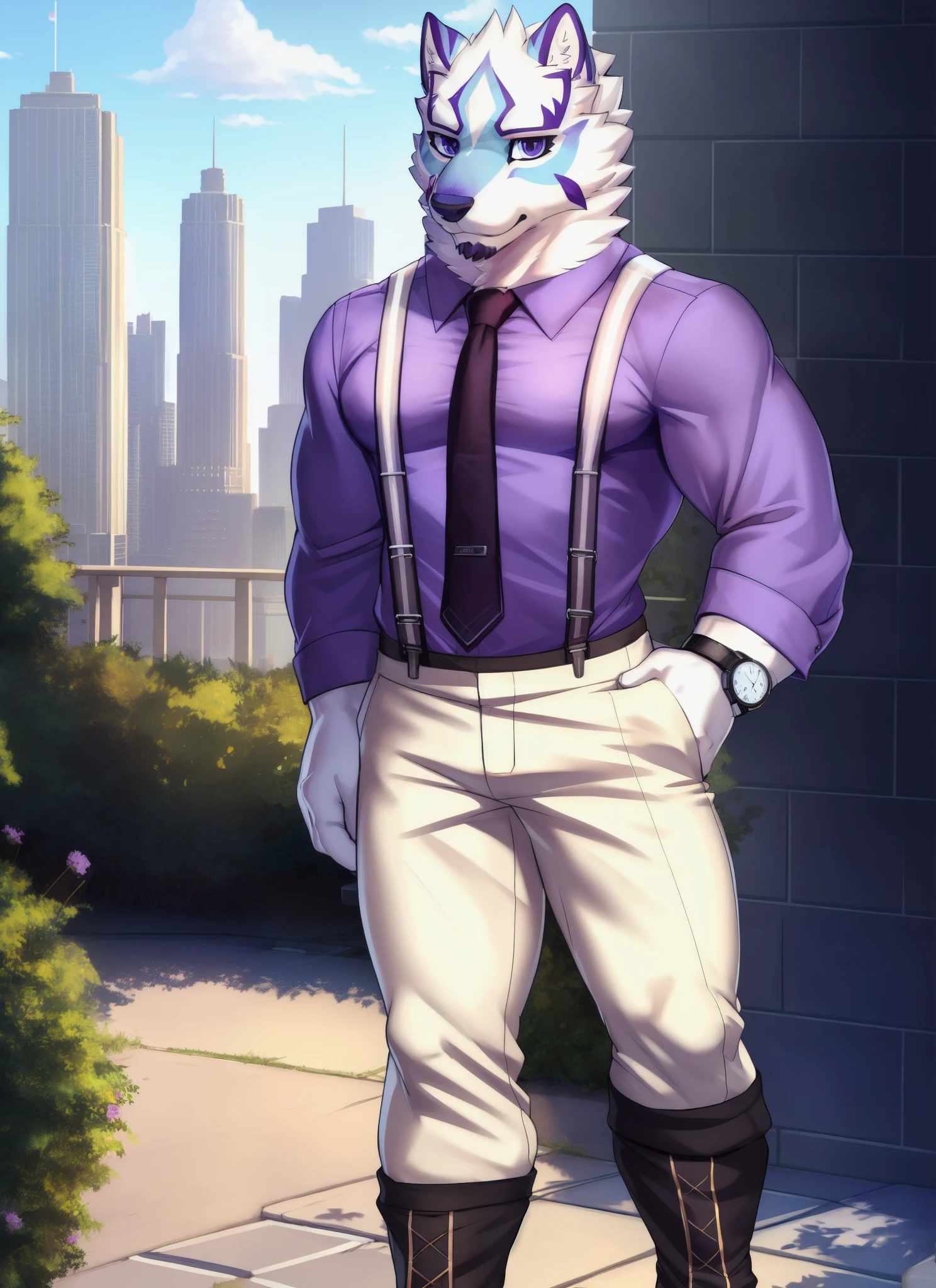 sadayoshi, solo, (soft shading), 4k, hi res, (detailed face, detailed eyes, detailed), ((full body)), by zackarry911, by zaush, (by personalami:0.5), male, muscular male, bara, looking at viewer, shirt, 1boy, male focus, thighs, necktie, collared shirt, pants, feet out of frame, black pants, suspenders, watch, wristwatch, between pectorals, city, purple shirt, (pose)