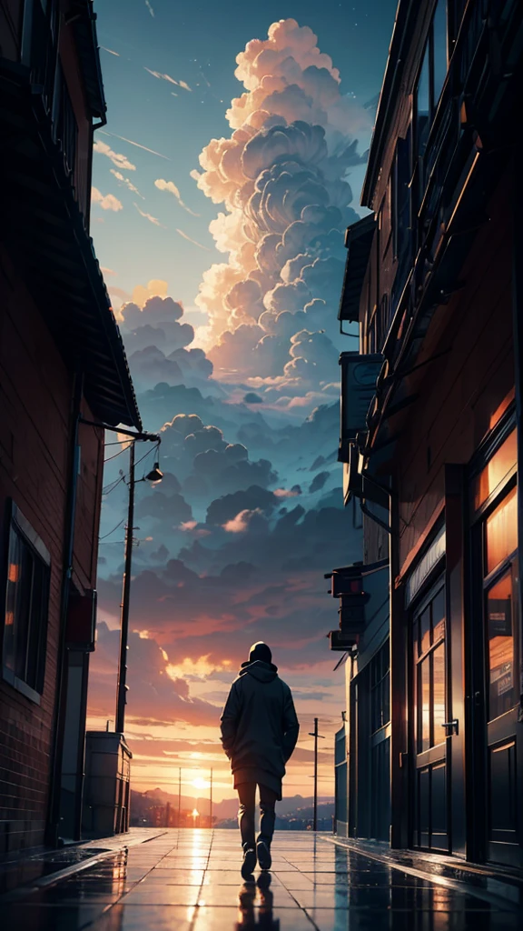 cinematic artwork of a man walking alone, (he is looking up:1, wearing a hoodie, wearing a sports hat, laughing, hands in the pocket, professional image), cinematic atmosphere, semi-realistic, [:(perfect face, expressive face,expressive eyes):8], detailed textures, uhd, reflections, low angle, at the sunset, hair in the wind, breathtaking, alone, solitude, relaxed atmosphere, cozy, (freedom feeling), gorgeous sky, dynamic angle, wet floor. volumetric clouds, upper body shot, 8k, masterpiece, anime masterwork, wallpaer, award winner,
