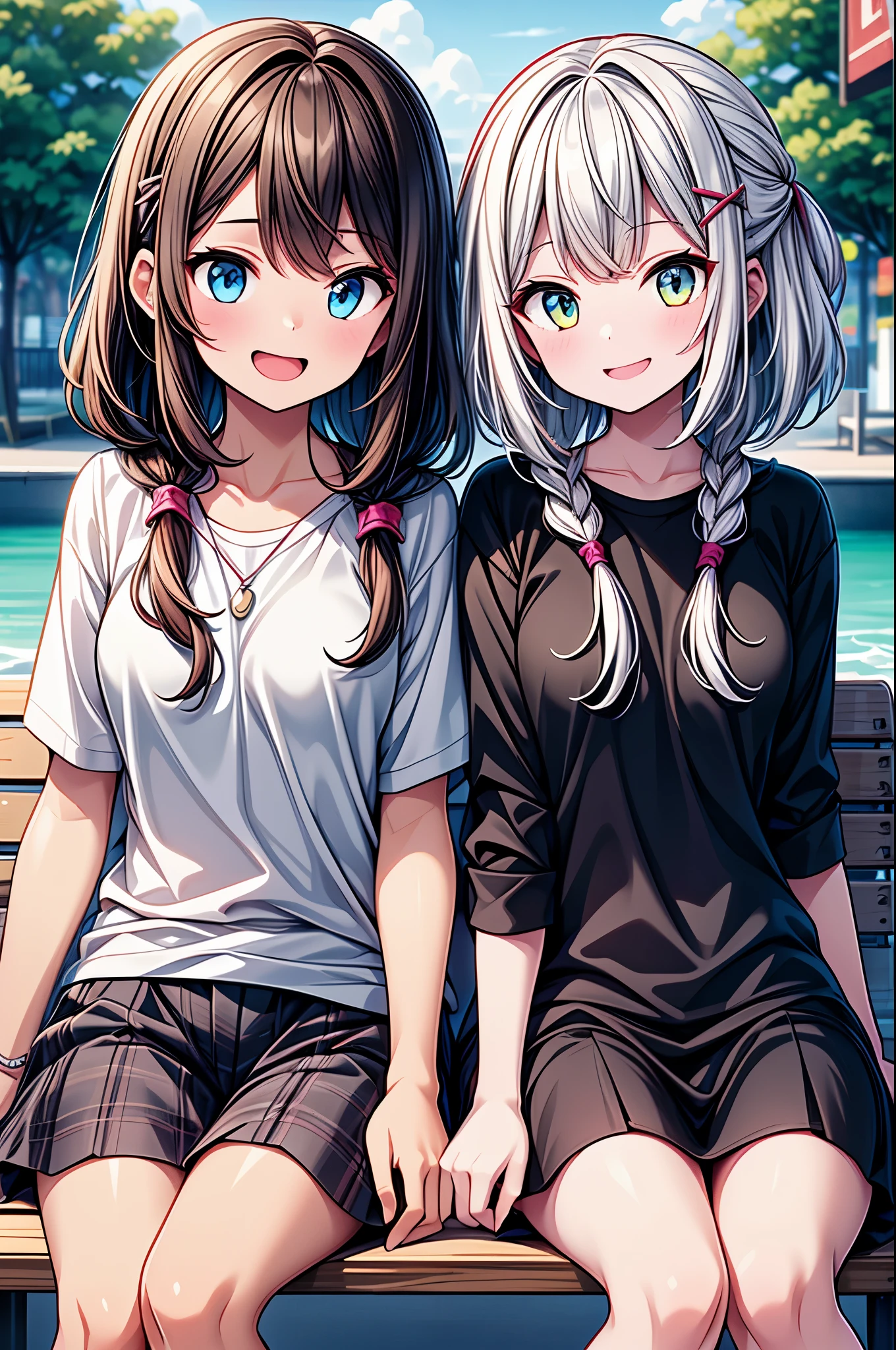 2 girls, sitting on a park bench, sitting and eating ice cream, Very smiling, Open your mouth, Close ~ eyes, LOL, noon, Bright sky, Masterpiece, Committed to ultra-high definition and vivid colors, Super detailed, Attention to detail, highest quality, 8K, 16K, Exquisite detail, A style that combines romanticism and realism, High resolution, Perfect ???????, 