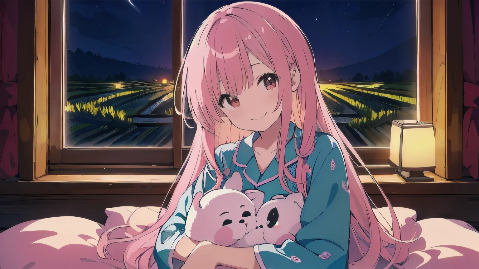 Very detailed, Detailed Background,　(highest quality, masterpiece, High resolution), One girl,　smile,　 Mid-chest, Pink Hair,  Upper Body, pajamas,　long hair、　(night:1.4)、The rice fields can be seen from the window,　Dimly lit room, Co-sleeping style,　