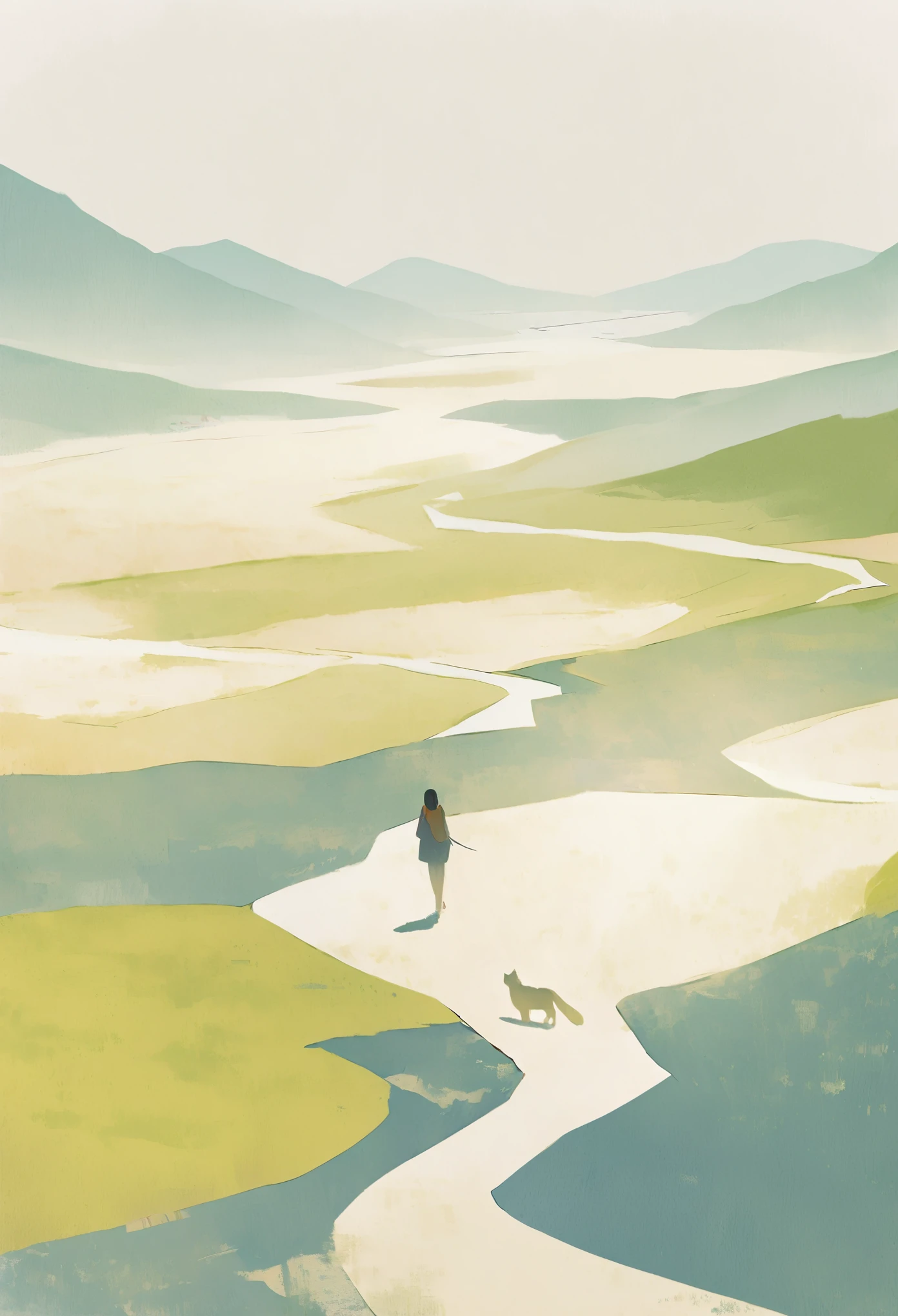 a minimalist journey portrayed through an illustration from a bird's eye view, featuring a girl and a cat embarking on a serene and contemplative adventure. The simplicity of the scene enhances the focus on the girl and the cat, highlighting their bond and the essence of their shared journey. The aerial perspective offers a unique vantage point, capturing the duo as they traverse through a tranquil and harmonious landscape, inviting viewers to reflect on the beauty of companionship and exploration in a minimalist yet evocative composition