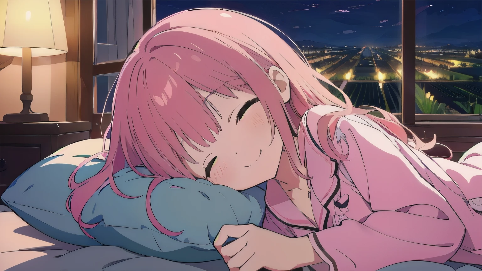 Very detailed, Detailed Background, (highest quality, masterpiece, High resolution), One girl, smile, Mid-chest, Pink Hair, Upper Body, pajamas, long hair、 (night:1.4)、The rice fields can be seen from the window, Dimly lit room, Co-sleeping style,