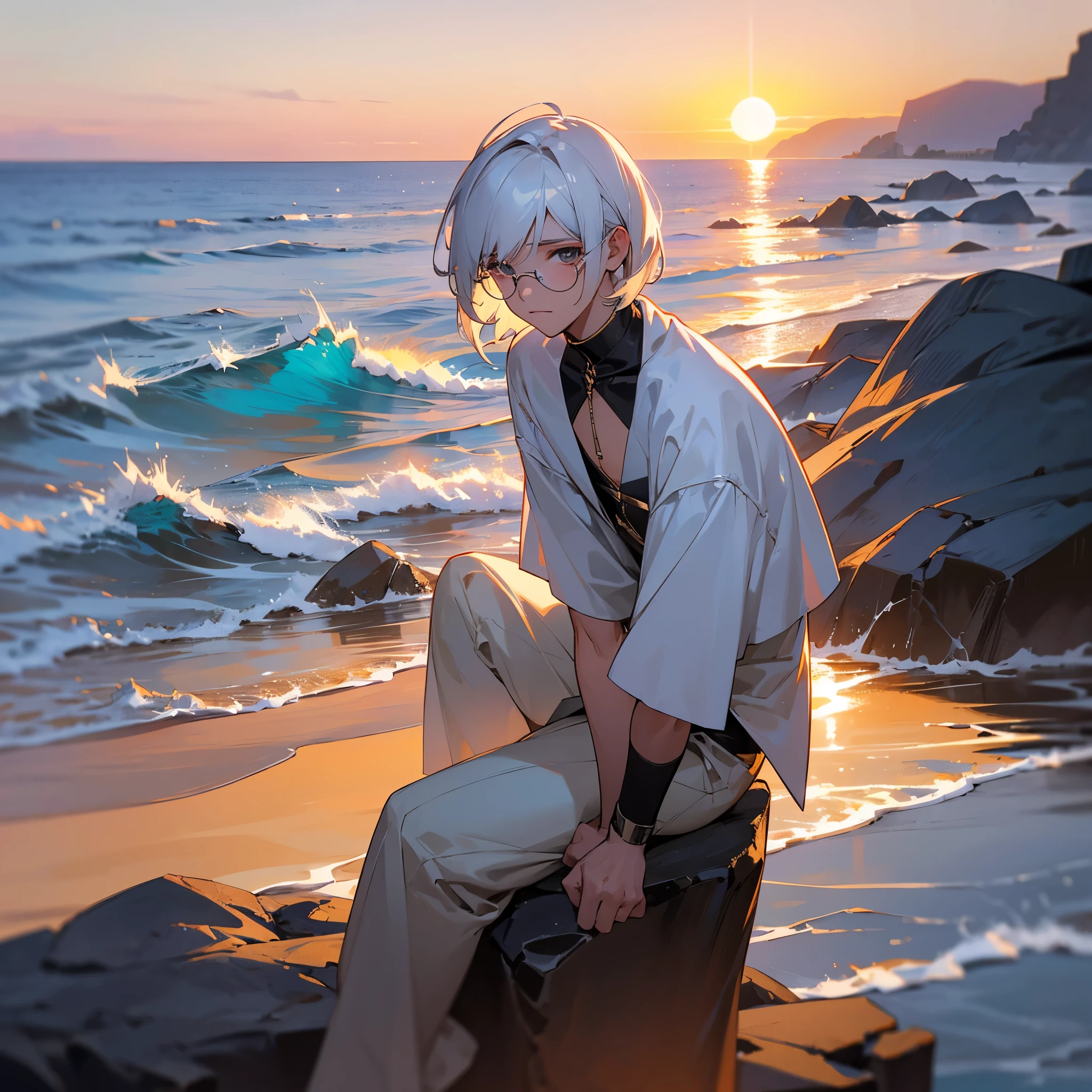 An effeminate white-haired man with a shoulder-length haircut sits on a rock in the middle of the ocean, with the sunset behind him.
He has glasses and a scar on his face. He's 16 