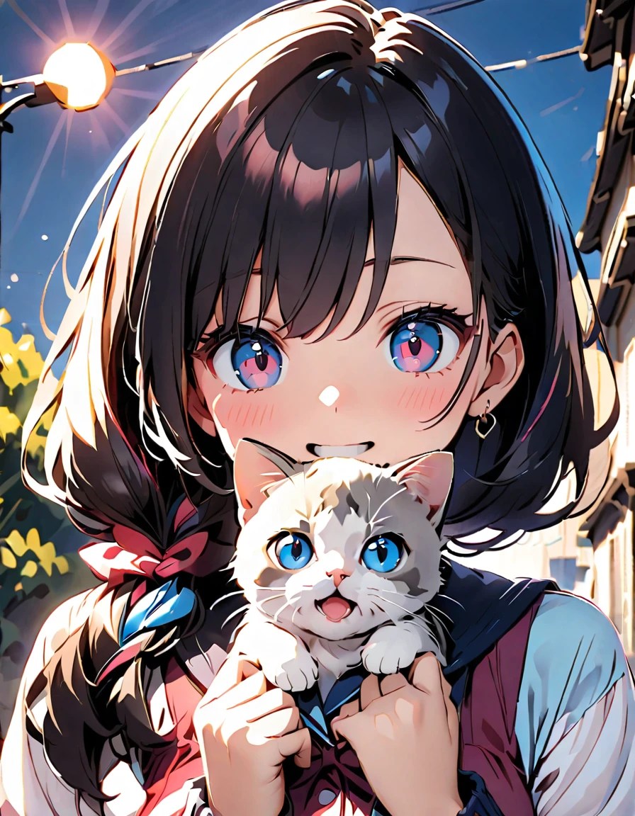 female\(small kid,cute,kawaii,age of 10,2pigtails hair,curly hair,hair color cosmic,big eyes,eye color cosmic,cute dress,[cat ear:2.0],smile,dynamic pose\), BREAK ,background\(inside,messy room,cute room,many kitten\), BREAK ,quality\(8k,wallpaper of extremely detailed CG unit, ​masterpiece,hight resolution,top-quality,top-quality real texture skin,hyper realisitic,increase the resolution,RAW photos,best qualtiy,highly detailed,the wallpaper,cinematic lighting,ray trace,golden ratio\),(close up kitten:1.6),from below