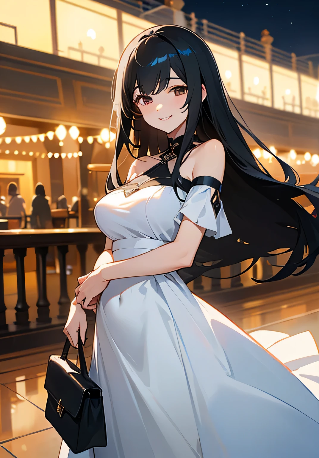 {best quality}、night、A luxury cruise ship on the other side of a nearby fence、Terrace near the seaside、smiling at me、Long black hair、24Old woman、Large beautiful breasts、Hands folded in front of stomach、Fearless smile、openmouth、smile、one shoulder bag、dress、cowboy shot、standing