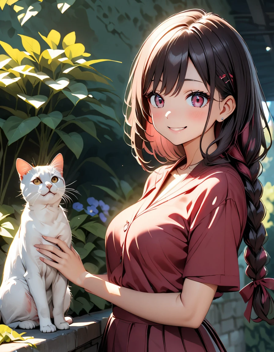 female\(kawaii,small kid,smile,hair floating,hair color dark red,long braid hair,eye color dark red,big eyes,white fur,red dress,breast,[cat ear]), BREAK ,background\(outside,many cats,beautiful garden,flower,duppled sunlight\), BREAK ,quality\(8k,wallpaper of extremely detailed CG unit, ​masterpiece,hight resolution,top-quality,top-quality real texture skin,hyper realisitic,increase the resolution,RAW photos,best qualtiy,highly detailed,the wallpaper,cinematic lighting,ray trace,golden ratio\)