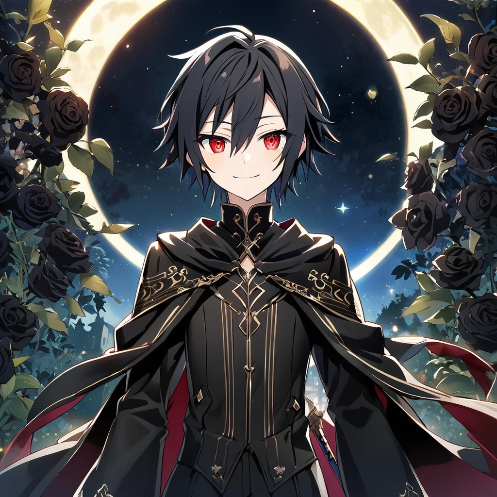2boy, {(Hyakuya Mikaela) \(Swort Art Online\), (male), 18 years old, (short black hair), (ruby red eyes):1.2, black costume, bangs, smiling gently, black cape, sword, ((ultra-detailed)), ((illustration)), ((neat hair)), (beautiful detailed eyes), (male), 1boy}, {(Hyakuya Yuuichiro) \(Swort Art Online\), (male), 18 years old, (short black hair), (gold eyes):1.2, black noble costume, bangs, black cape, smiling mischievously, ((ultra-detailed)), ((illustration)), ((neat hair)), (beautiful detailed eyes), (male), 1boy}, standing near each other, ((black roses garden, night, moon)), looking at the viewer