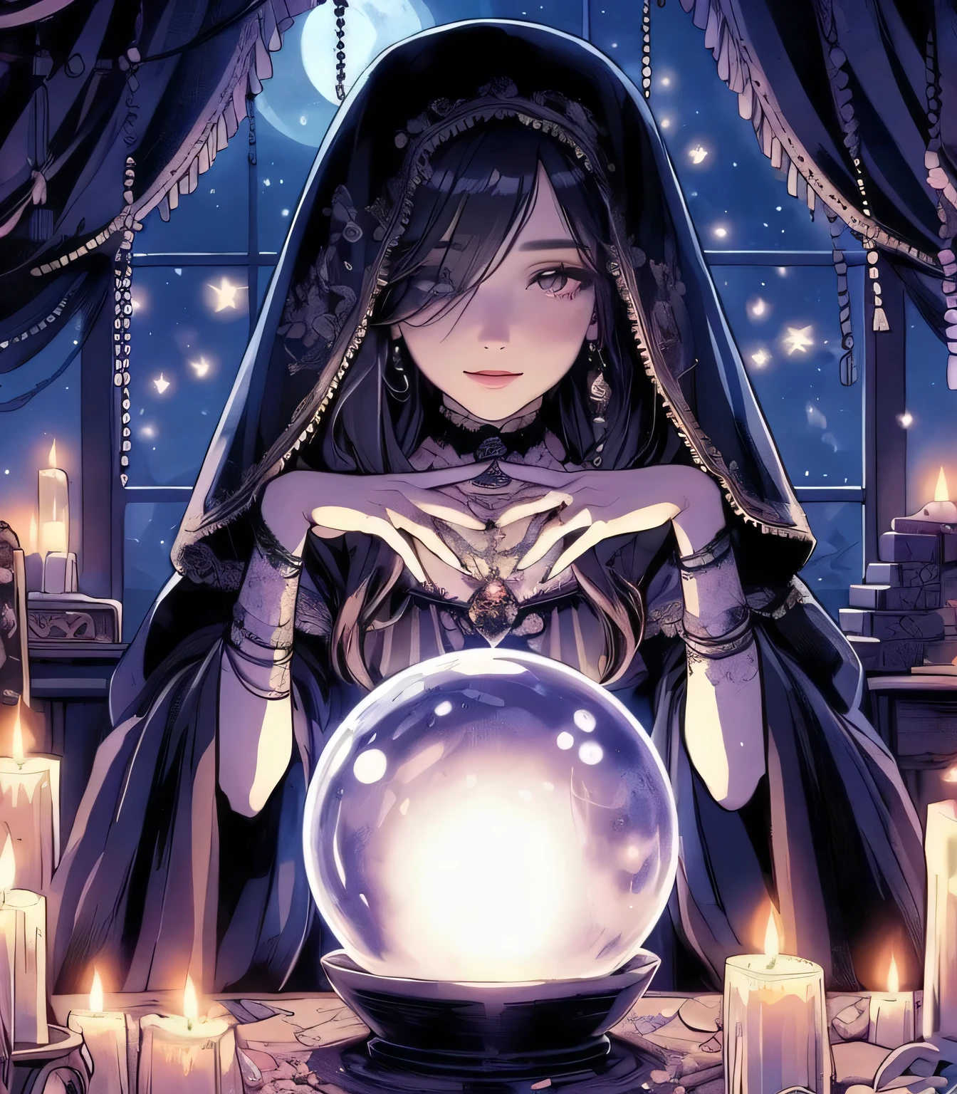 Only one female, Sitting at the table, (Fortune telling using a large crystal), Fortuneteller's costume, Blackhead Veil, jewelry, Mature Woman, /(Black Hair/) bangs, (Hair on one eye), (A light smile:0.8), (Masterpiece of the highest quality:1.2) delicate illustration ultra-detailed break (Mysteriously glowing crystal) On the table, (Hand over the crystal) break (Mysterious fortune-telling shop) indoor, Countless candles, Ancient, It&#39;s dim, moonlight, Detailed Background