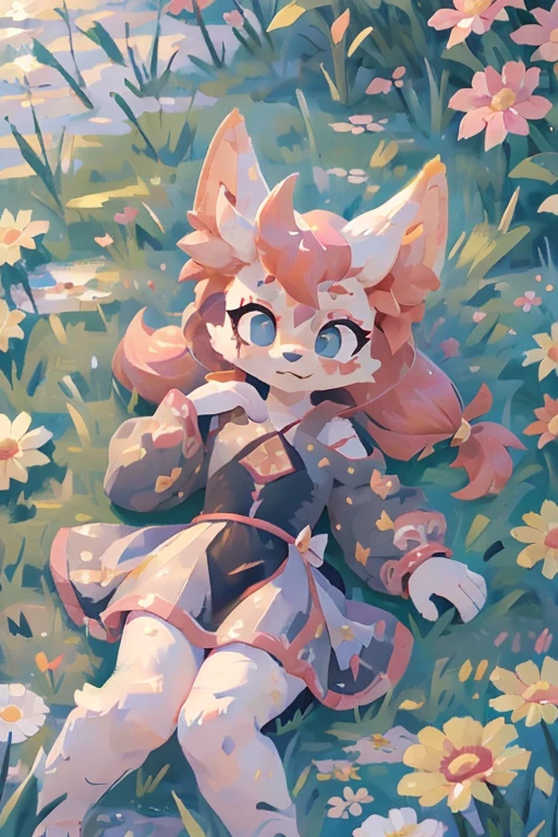 1girl, solo, fox girl, white fur, pink hair, fix ears, long hair, bow, blue dress, (from above:1.3), lying, outdoors, cobblestone path, puffy sleeves, blue eyes, grass field, flowers,, (uploaded on e621, furry, anthro, kemono:1.3),, (best quality, masterpiece, illustration, ultra-detailed:1.3), (gouache, oil, impressionism)