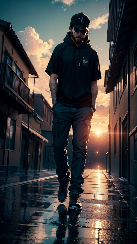 cinematic artwork of a man walking alone, (he is looking up:1, wearing a hoodie, wearing a sports hat, beard, wear black sunglasses, laughing, hands in the pocket, professional image), cinematic atmosphere, semi-realistic, [:(perfect face, expressive face,expressive eyes):8], detailed textures, uhd, reflections, low angle, at the sunset, hair in the wind, breathtaking, alone, solitude, relaxed atmosphere, cozy, (freedom feeling), gorgeous sky, dynamic angle, wet floor. volumetric clouds, upper body shot, 8k, masterpiece, anime masterwork, wallpaer, award winner,
