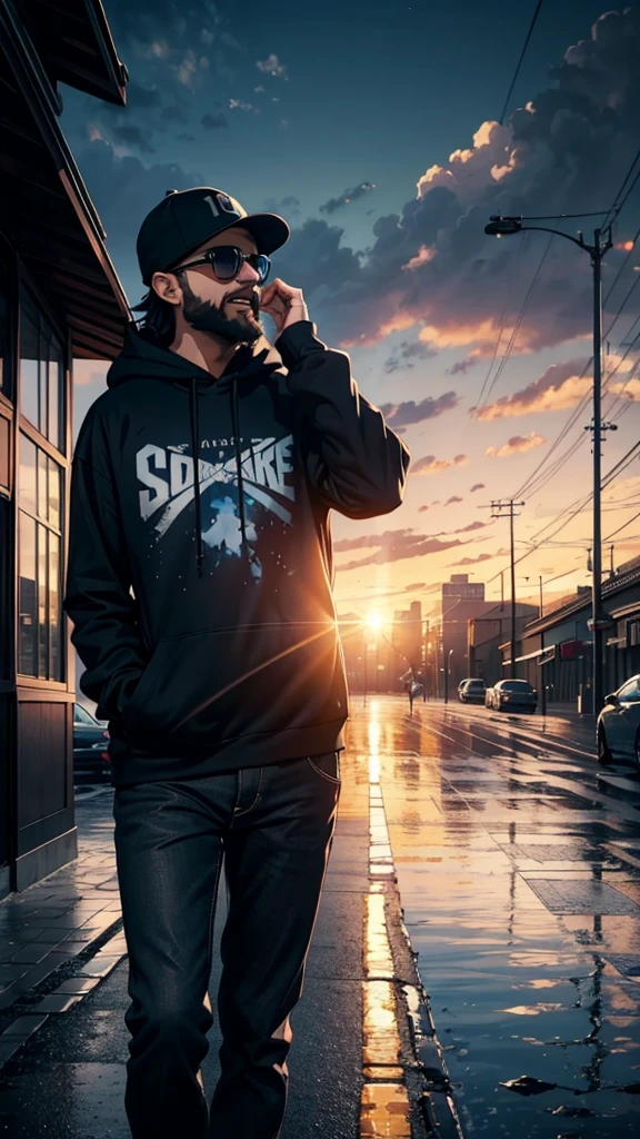 cinematic artwork of a man walking alone, (he is looking up:1, wearing a hoodie, wearing a sports hat, beard, wear black sunglasses, laughing, hands in the pocket, professional image), cinematic atmosphere, semi-realistic, [:(perfect face, expressive face,expressive eyes):8], detailed textures, uhd, reflections, low angle, at the sunset, hair in the wind, breathtaking, alone, solitude, relaxed atmosphere, cozy, (freedom feeling), gorgeous sky, dynamic angle, wet floor. volumetric clouds, upper body shot, 8k, masterpiece, anime masterwork, wallpaer, award winner,
