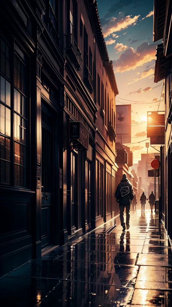 cinematic artwork of a man walking alone, (he is looking up:1, wearing a hoodie, wearing a sports hat, beard, wear black sunglasses, laughing, hands in the pocket, professional image), cinematic atmosphere, semi-realistic, [:(perfect face, expressive face,expressive eyes):8], detailed textures, uhd, reflections, low angle, at the sunset, hair in the wind, breathtaking, alone, solitude, relaxed atmosphere, cozy, (freedom feeling), gorgeous sky, dynamic angle, wet floor. volumetric clouds, upper body shot, 8k, masterpiece, anime masterwork, wallpaer, award winner,
