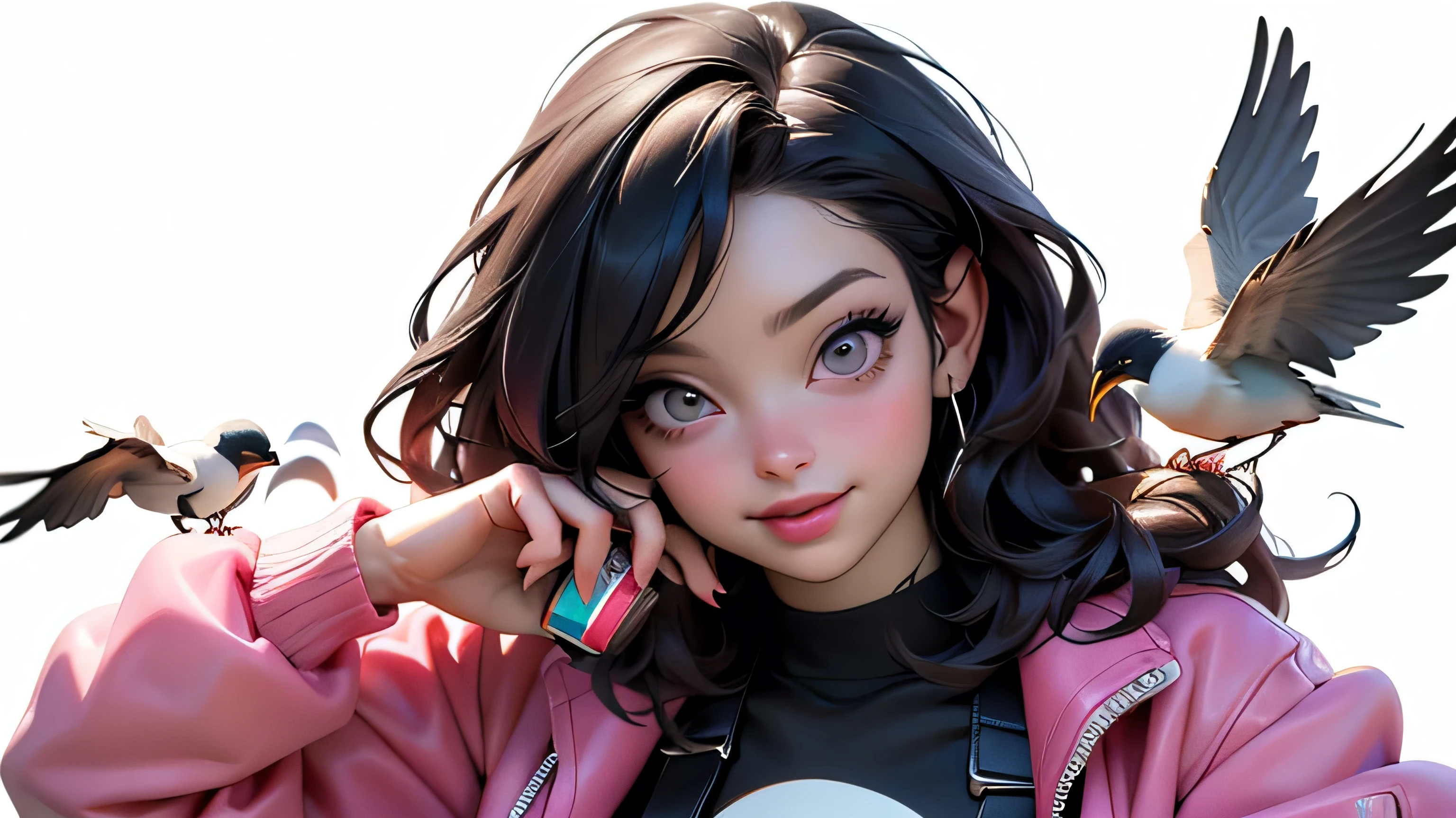 ((Best Quality, best resolution, award-winning portrait, official art)), ((perfect Masterpiece)), ((Realistic)) and ultra-detailed photography of a 1nerdy woman, 25 year old, with goth and post apocalyptic colors. She has ((long whispy long Black-colored hair)), wears a (Pink Bomber Jacket with a white Tshirt and a Black Crop top) and a (Harajuku-inspired shorts:1.2) , ((the most beautiful and sexy aesthetic)),drinking a can of soda and holding a bag of chips, Show the whole body, Leaning back, Head tilt, winking, laughting, white background, Smiling. Knee high socks,  Dynamic pose Full Body,  Birds eye view.