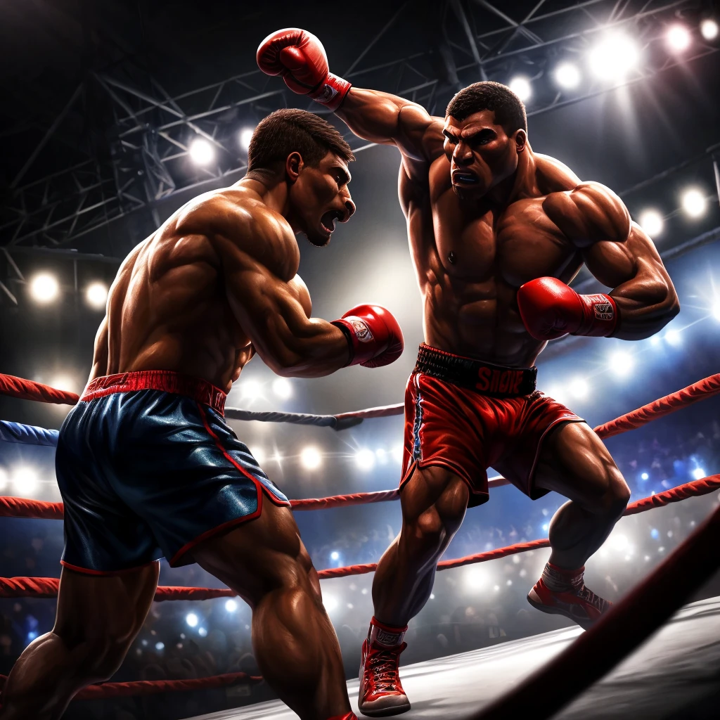 Ultra-detailed, high-quality masterpiece (best quality, 4k, 8k, high-res) of a thrilling professional boxing match, featuring a muscular male boxer displaying intense action in the center of the boxing ring, surrounded by the ropes and a roaring crowd. The composition is cinematic with dramatic lighting, creating motion blur and high contrast, enhancing the gritty realism of the scene. The painting showcases photorealistic details, extreme detail description, sharp focus, and professional, vivid colors that pop against the dark background. The boxer's every muscle is carved with extraordinary detail, and the dramatic colors also highlight the dramatic lighting, adding to the