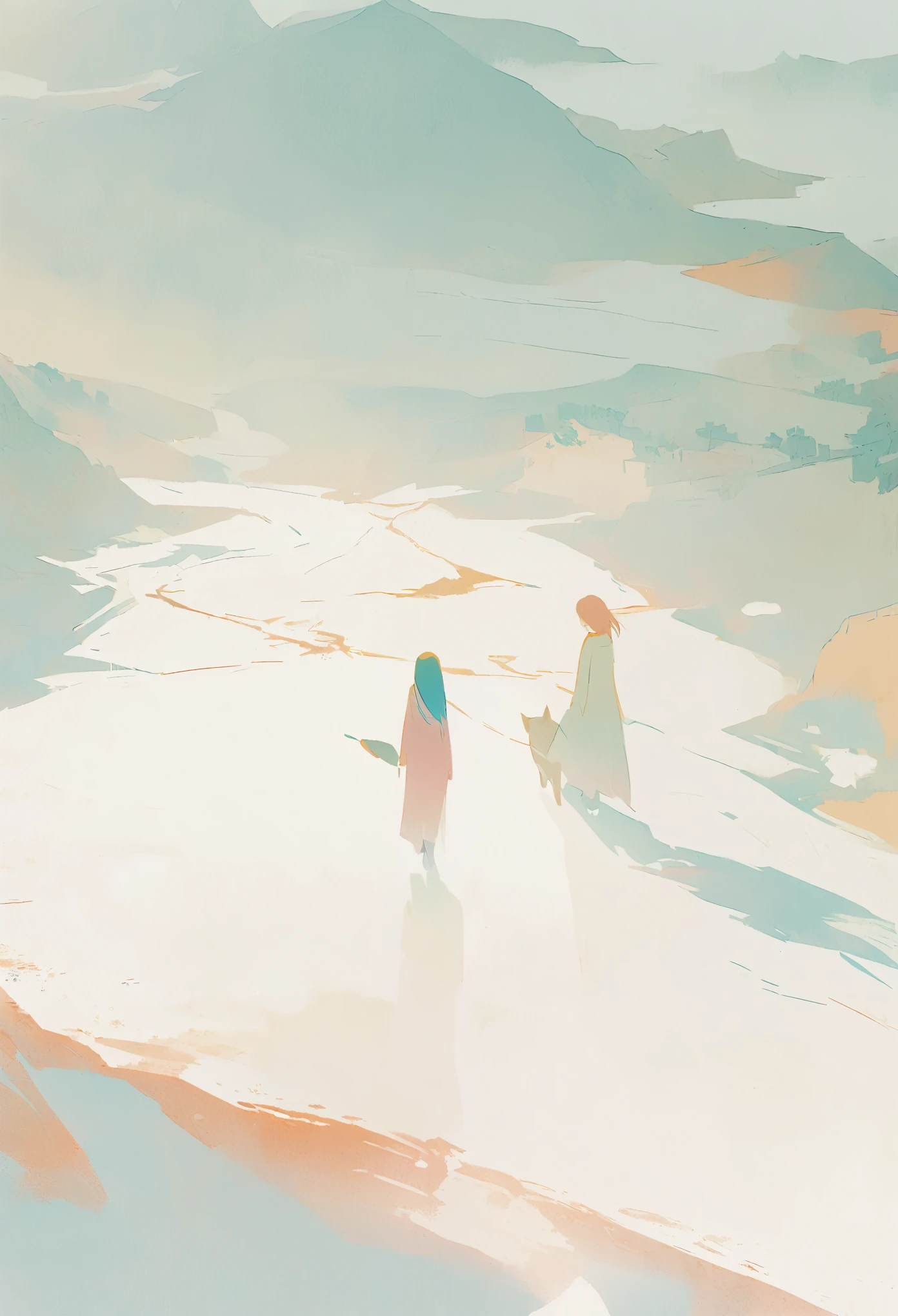a minimalist journey portrayed through an illustration from a bird's eye view, featuring a girl and a cat embarking on a serene and contemplative adventure. The simplicity of the scene enhances the focus on the girl and the cat, highlighting their bond and the essence of their shared journey. The aerial perspective offers a unique vantage point, capturing the duo as they traverse through a tranquil and harmonious landscape, inviting viewers to reflect on the beauty of companionship and exploration in a minimalist yet evocative composition