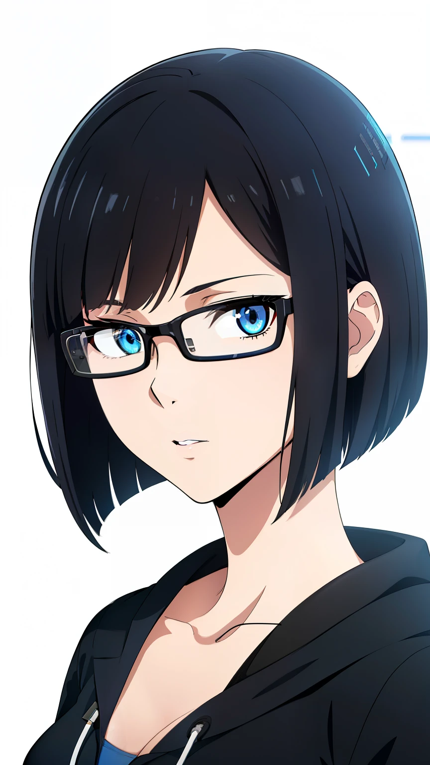 (best quality:1.5, highres, UHD, 4K, detailed lighting, shaders), black hair, short hair, sleek bob hair, cool woman, cool girl, sharp eyes, blue eyes, beautiful, simple background, casual clothes, with headphones, with glasses
