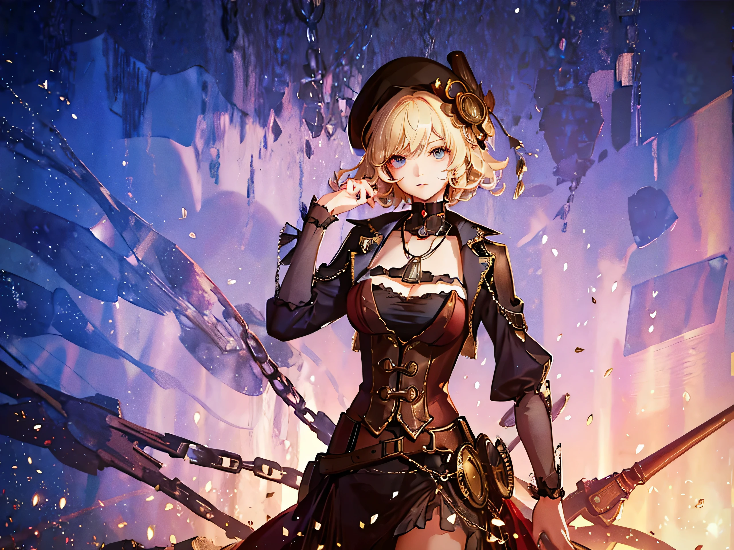 close, Straight blonde short curly hair girl little red hat, Necklace Watches, (Victorian era), ((steampunk)), Cinematography, worked, elegant, Scrupulous, grow, Maximum details, Extremely aesthetic, Exquisitely crafted, Lots of gear, Old town background