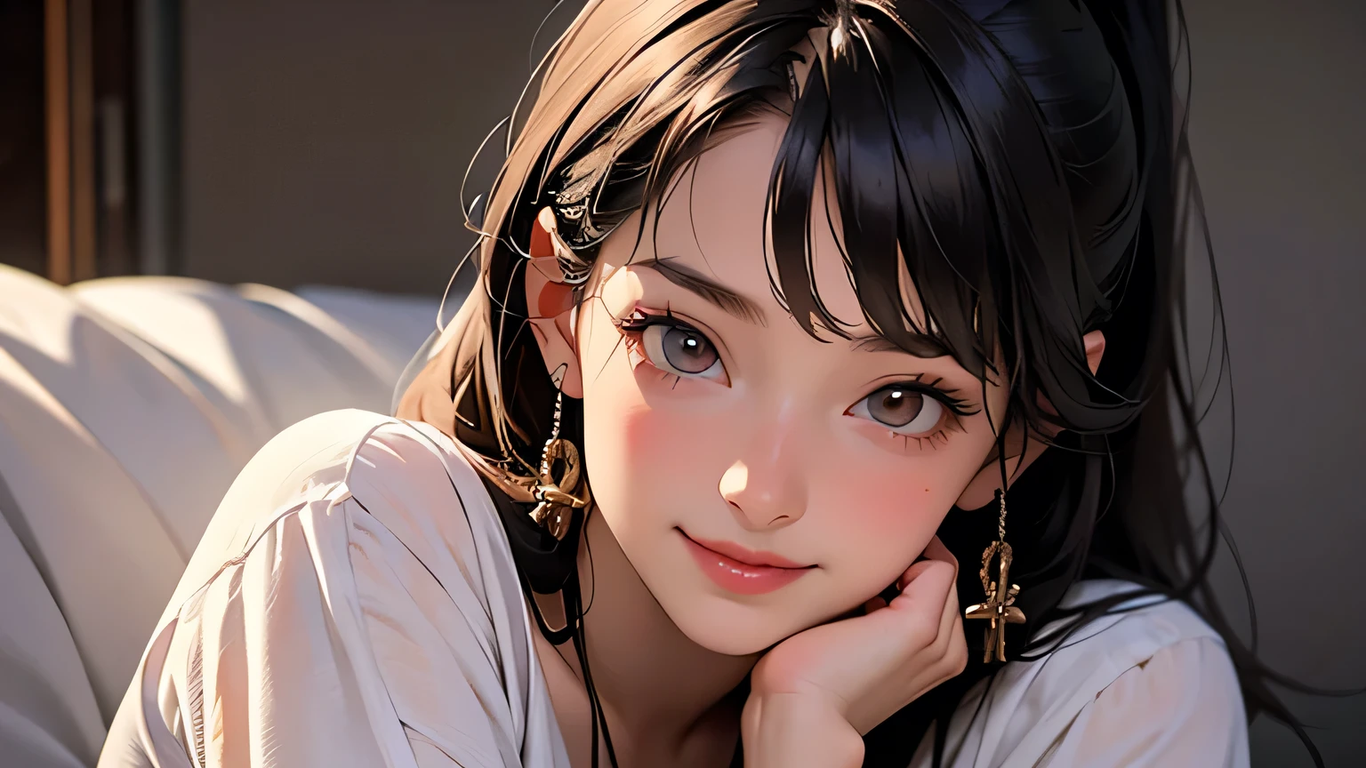(Masterpiece, Best Quality, 8k Wallpaper, High Resolution, Super Real), 1 Girl, 16 Years Old, High School Girl, Alone, (8k, Best Quality, (Realistic, Photorealistic:1.37), Super Detail ,((( 1 girl))), Alone, in a cute little girl's room with beautiful details, at night,, (red nose), (smile: 1.15), (closed mouth) long hair in a ponytail , beautiful woman, bangs, wearing short clothes, sitting cross-legged, very sexy