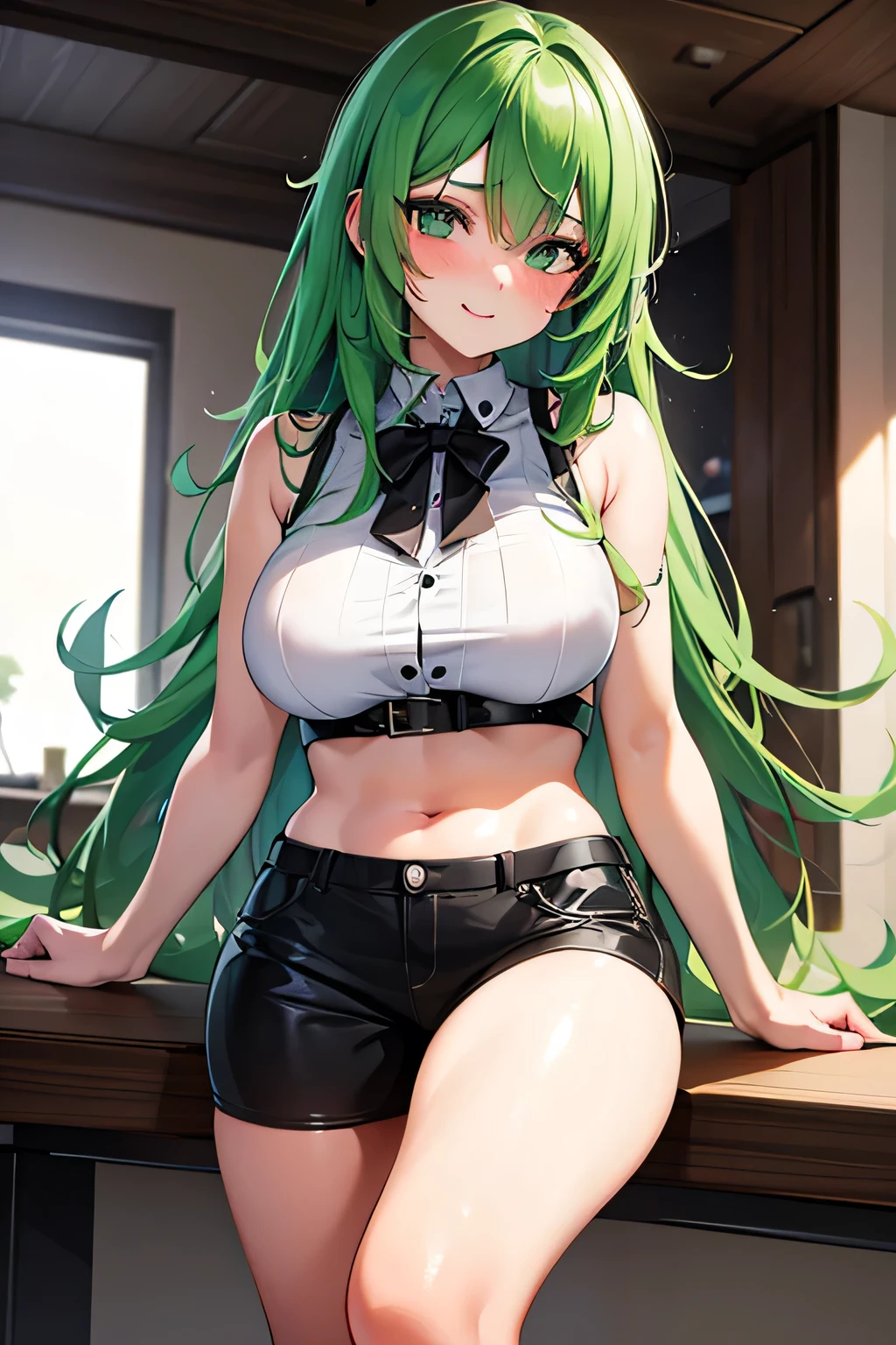 /(girl),(18 years old, mature and large body and sexual),(long green hair and green eyes),(height 1.67cm),(white skin color),(beautiful young woman),(like appearance),(super busty with super big breasts practically popping out of her clothes),(super big ass),