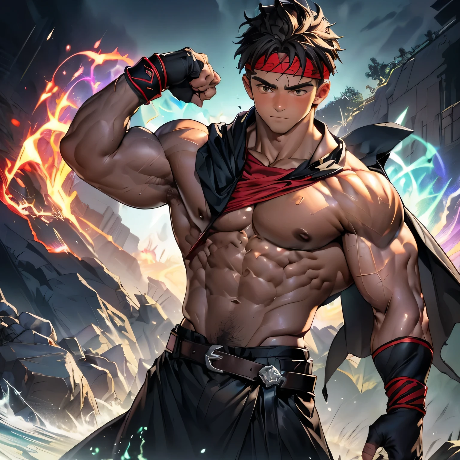 (Masterpiece, Best quality 19 year old boy, black background), solo, Young, boy, muscler, (Dark Short straight hair, under cut, brown eyes, topless), (red headband, ((fingerless gloves, belt, black wristband, long cloak))), (hot Abs:1.2, abs!, big abs, big breast:1.2, chest!, upper arms), Vivid colors, muscler body, (aura power:1.4), detailed face, detailed muscle, (((A magical mystical aura, rippling muscles, chilling atmosphere, subtle color tones, dynamic pose, intense action scene)))