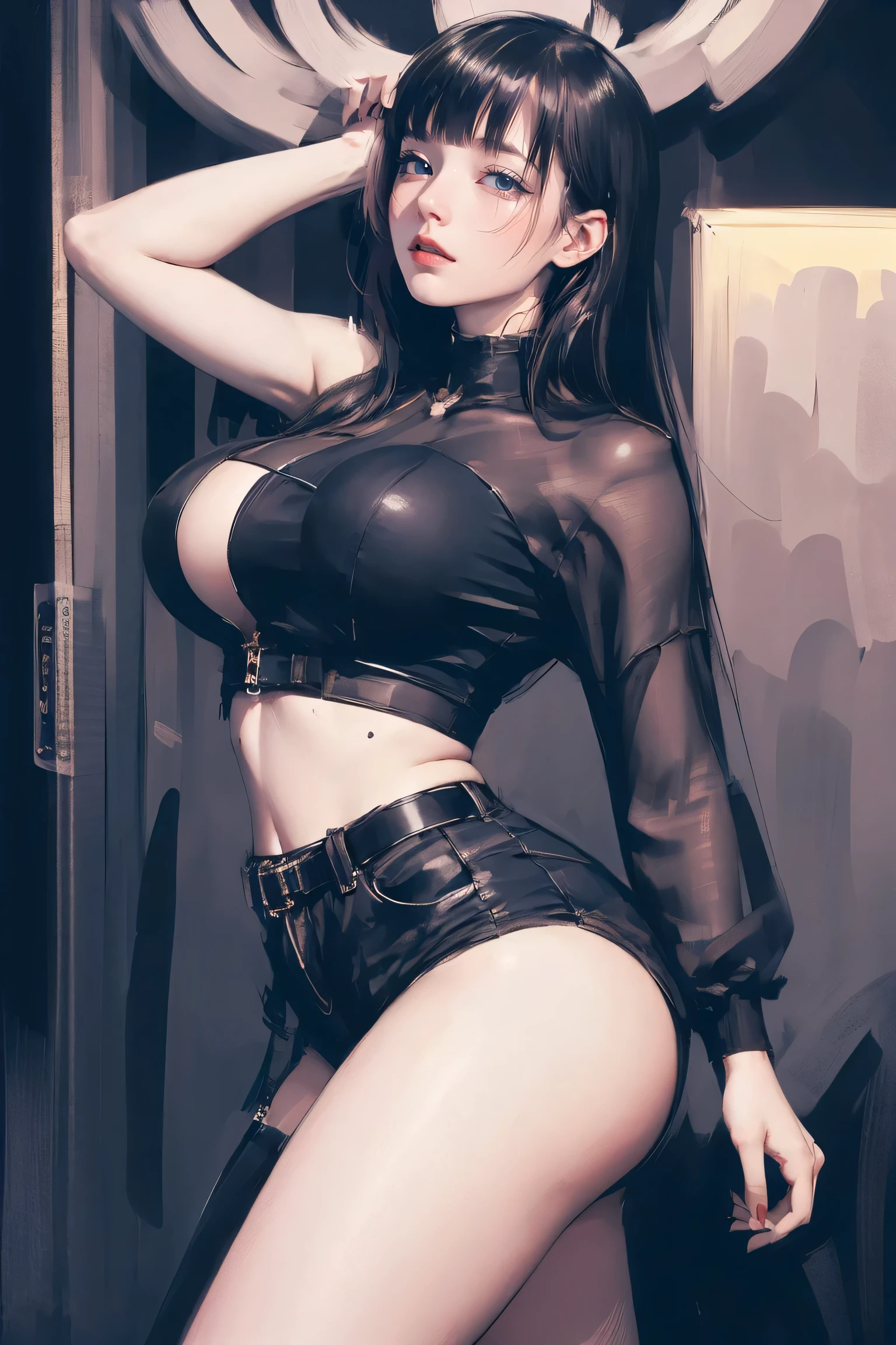 (Master Parts), Expressive eyes, highest quality, Graceful pose, Black Hair, Perfect Face, Bangs covering the forehead, Big Breasts, Big ass, Sexy Looks, model, Logos-like, Confucian Ufutei Raden,Highly revealing