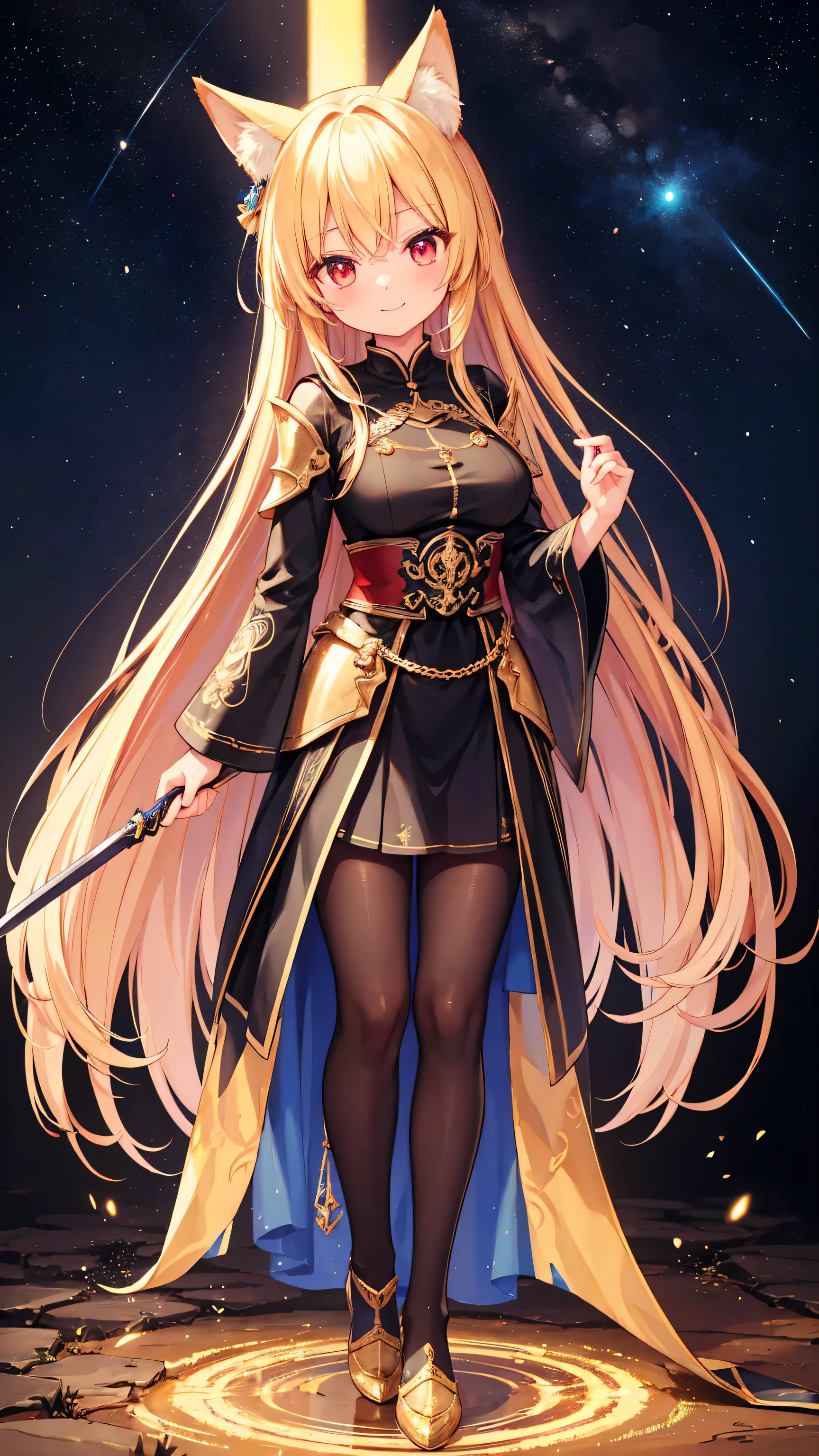 (masterpiece)、(highest quality)、((Very detailed))、(Very delicate)、cute、blonde、Big Breasts、Nice、Fantastic forest and starry sky、Golden foxtail、Golden fox ears、Red eyes、one person、Long Hair、(Full body portrait),(Are standing:1.3)、Absolute area、cute armor suit、(Full body black metal armor)、cute smile、He has a big sword in his right hand、Very delicateな光, finely detailed eyes and Detailed face, Detailed light, (Best Shadow), Beautiful details, (Detailed body), Detailed face, (colorful), Beautiful detailsまでこだわった髪, Detailed Background:1.3, Fantasy, (Particles of light)、Cute smile