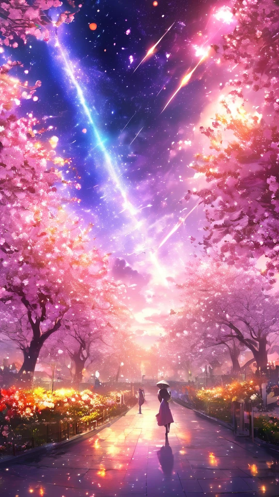 masterpiece, concept art, panorama, in the center, figure, wide shot, flower garden, night, (Meteors), Space galaxy background, (magnificent composition, epic proportions), dynamic lighting, Bright colors, cherry blossoms,