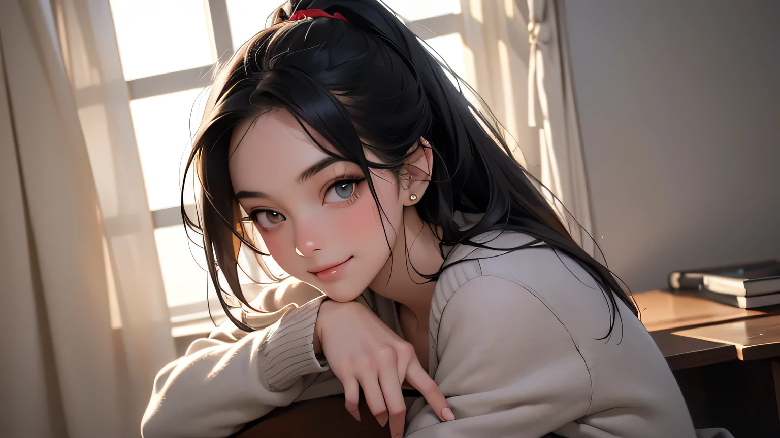 (Masterpiece, Best Quality, 8k Wallpaper, High Resolution, Super Real), 1 Girl, , High School Girl,, (8k, Best Quality, (Realistic, Photorealistic:1.37), Super Detail ,((( 1 girl))), Alone, in a cute little girl'siful details, at night,, (red nose), (smile: 1.15), (closed mouth) long hair in a ponytail , beautiful woman, solo woman, tabletop, digital art, digital illustration, 4K, 8k, super detail, beautiful image, clear image, photorealistic, RAW photo, perfect face, perfect lines, perfect eyes, Soft lighting) 1 female, (Long black hair, straight hair, strong gaze, beautiful woman, strong makeup, female, small breasts: 1.3),, classroom full of light, school, sparkling curtains, blazer , knees Long pleated skirt, loose cardigan,