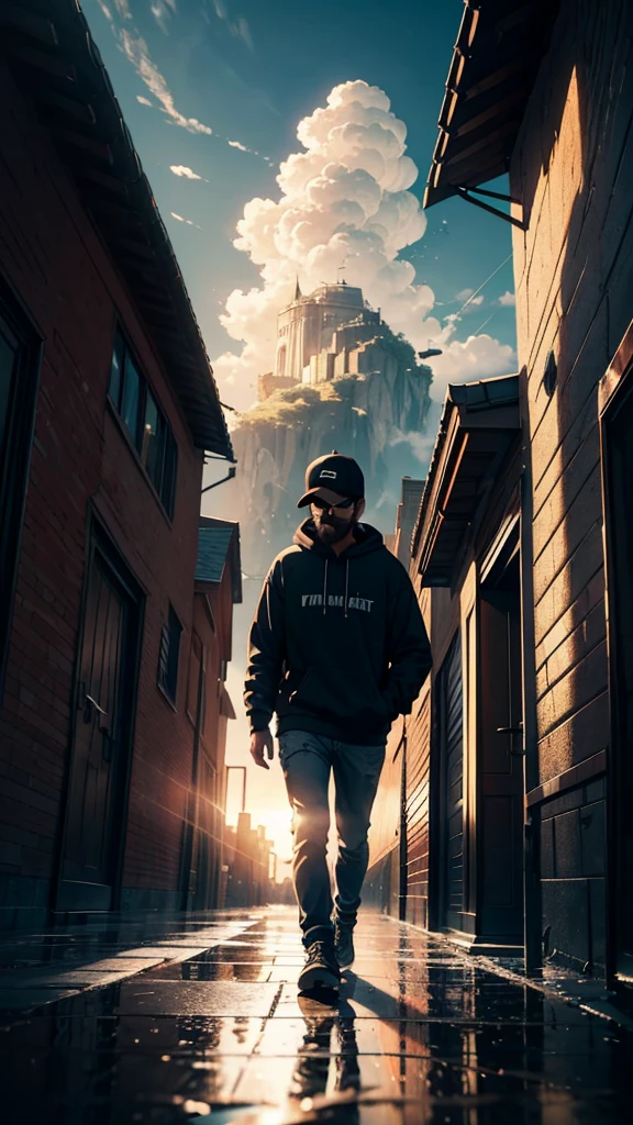 cinematic artwork of a man walking alone, (he is looking up:1, wearing a hoodie, wearing a sports hat, beard, wear black sunglasses, short hair, laughing, hands in the pocket, professional image), cinematic atmosphere, semi-realistic, [:(perfect face, expressive face,expressive eyes):8], detailed textures, uhd, reflections, low angle, at the sunset, hair in the wind, breathtaking, alone, solitude, relaxed atmosphere, cozy, (freedom feeling), gorgeous sky, dynamic angle, wet floor. volumetric clouds, upper body shot, 8k, masterpiece, anime masterwork, wallpaer, award winner,
