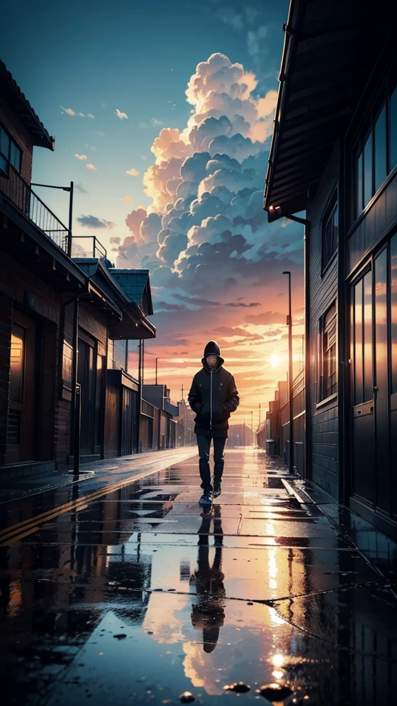 cinematic artwork of a man walking alone, (he is looking up:1, wearing a hoodie, wearing a sports hat, beard, wear black sunglasses, short hair, laughing, hands in the pocket, professional image), cinematic atmosphere, semi-realistic, [:(perfect face, expressive face,expressive eyes):8], detailed textures, uhd, reflections, low angle, at the sunset, hair in the wind, breathtaking, alone, solitude, relaxed atmosphere, cozy, (freedom feeling), gorgeous sky, dynamic angle, wet floor. volumetric clouds, upper body shot, 8k, masterpiece, anime masterwork, wallpaer, award winner,
