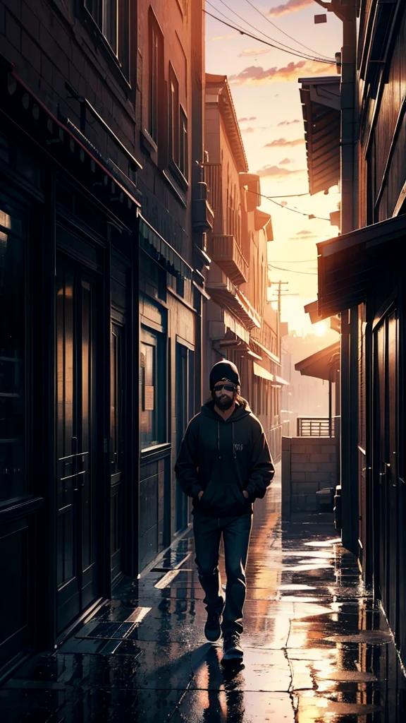 cinematic artwork of a man walking alone, (he is looking up:1, wearing a hoodie, wearing a sports hat, beard, wear black sunglasses, short hair, laughing, hands in the pocket, professional image), cinematic atmosphere, semi-realistic, [:(perfect face, expressive face,expressive eyes):8], detailed textures, uhd, reflections, low angle, at the sunset, hair in the wind, breathtaking, alone, solitude, relaxed atmosphere, cozy, (freedom feeling), gorgeous sky, dynamic angle, wet floor. volumetric clouds, upper body shot, 8k, masterpiece, anime masterwork, wallpaer, award winner,

