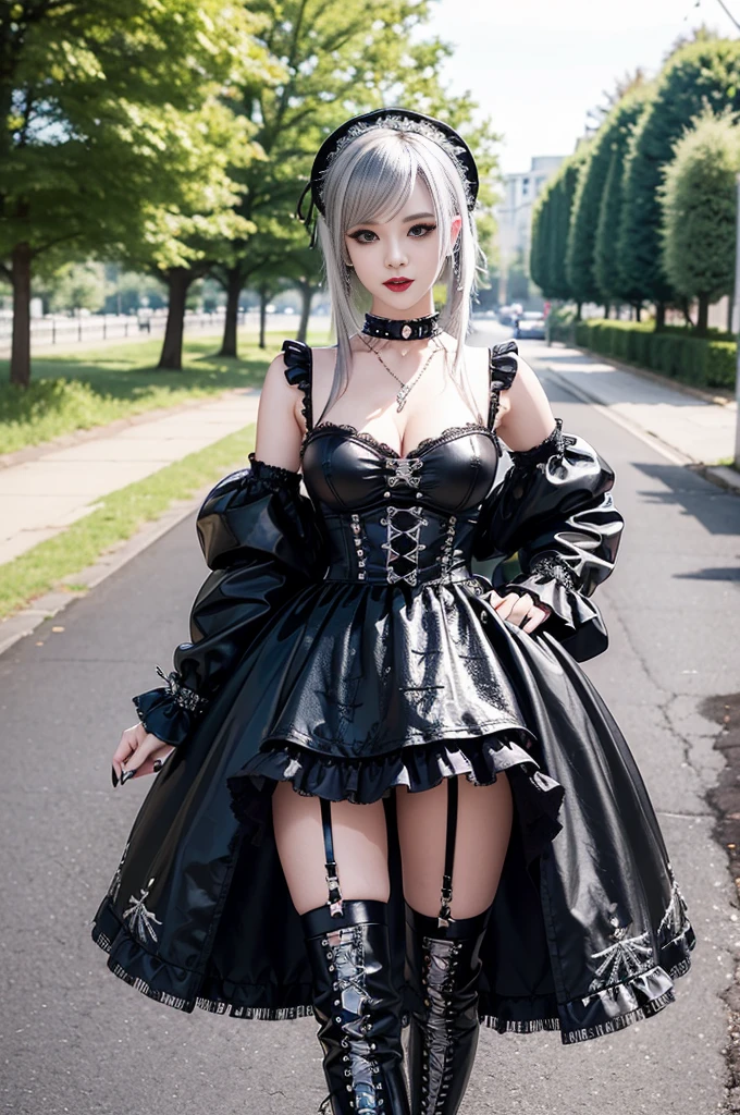sexy stylish female model, only 1 female, ((doll-like appearance)), long dramatic stylish hair, ((shiny Punk-Style boots)), (big smile), ultra detailed eyes, Punk makeup, lipgloss, ((sexy Punk Lolita cosplay)), unconventional skirt, petticoats, high neckline, ((ultra detailed lace)), ((ultra detailed embroidery)), intricate details, tartan patterns, silver chains, silver spikes, safety pins, Punk Lolita accessoires, Punk Lolita choker, ((large sparkling Punk Lolita jewelry)), cinematic light, detailed large park background with trees 